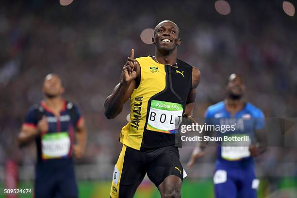 Usain Bolt of Jamaica wins the Men's 100m Final on Day 9 of the Rio 2016 Olympic Games at the Olympic Stadium on August 14, 2016 in Rio de Janeiro,...