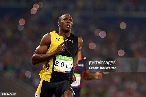 Usain Bolt of Jamaica wins the Men's 100m Final on Day 9 of the Rio 2016 Olympic Games at the Olympic Stadium on August 14, 2016 in Rio de Janeiro,...