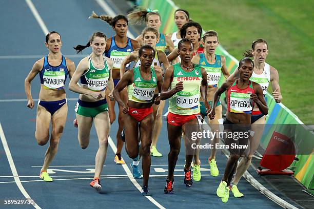 Faith Chepngetich Kipyegon of Kenya, Besu Sado of Ethiopia and Dawit Seyaum of Ethiopia compete in the Women's 1500 meter semifinals on Day 9 of the...