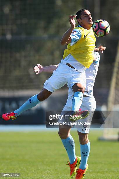 New signing Tim Cahill compete for the ball during a Melbourne City A-League training session at La Trobe University Sports Fields on August 15, 2016...