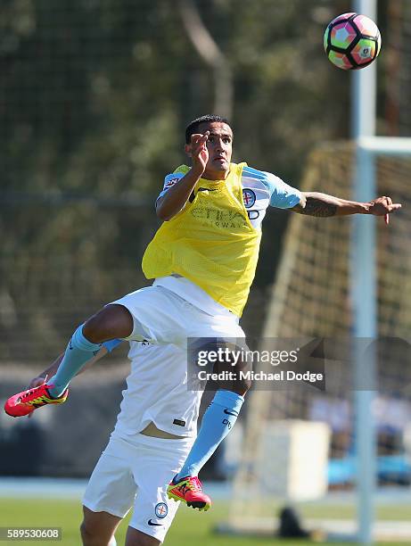 New signing Tim Cahill competes for the ball during a Melbourne City A-League training session at La Trobe University Sports Fields on August 15,...