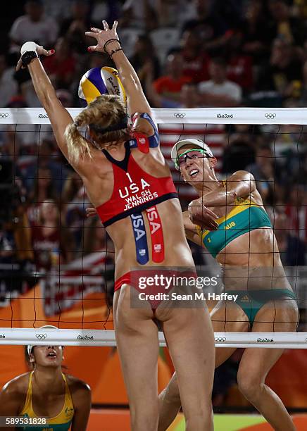 Louise Bawden of Australia plays a shot against Kerri Walsh Jennings of United States during a Women's Quarterfinal match between the United States...