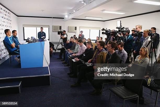 New signing Tim Cahill speaks to media during a Melbourne City A-League press conference at La Trobe University Sports Fields on August 15, 2016 in...