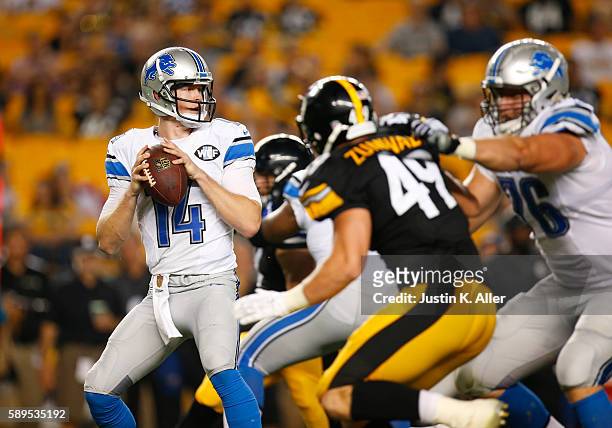 Jake Rudock of the Detroit Lions in action during the game against the Pittsburgh Steelers on August 12, 2016 at Heinz Field in Pittsburgh,...