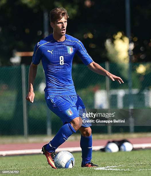 Matteo Gabbia of Italy U18 in action during the international friendly match between Italy U18 and Slovenia U18 on August 11, 2016 in Codroipo near...
