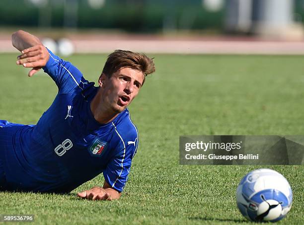 Matteo Gabbia of Italy U18 in action during the international friendly match between Italy U18 and Slovenia U18 on August 11, 2016 in Codroipo near...