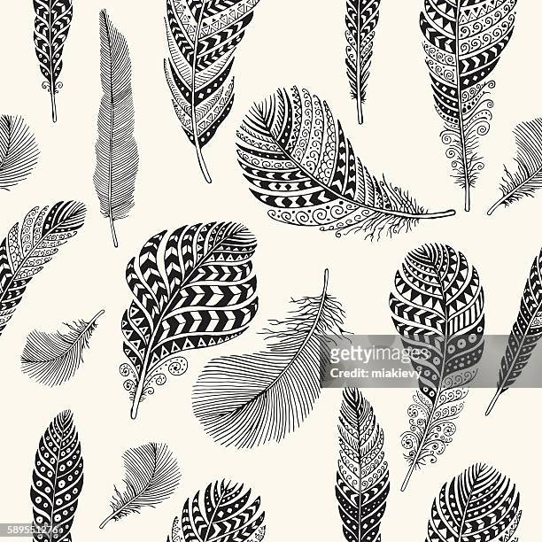seamless feathers pattern - pencil drawing stock illustrations