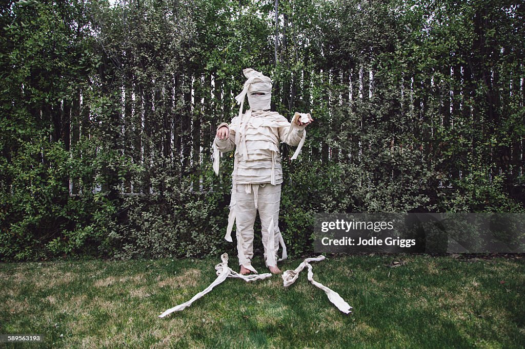 Child dressed in home made egyptian mummy costume