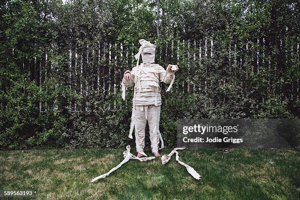child dressed in home made egyptian mummy costume - mummified people stock pictures, royalty-free photos & images