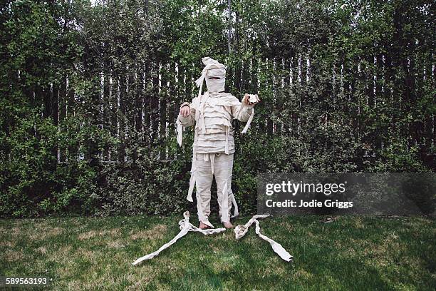 child dressed in home made egyptian mummy costume - jodie griggs stock pictures, royalty-free photos & images