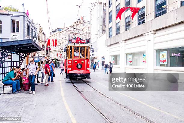 old-fashioned red tram at the street of istanbul - track town classic 2016 stock pictures, royalty-free photos & images