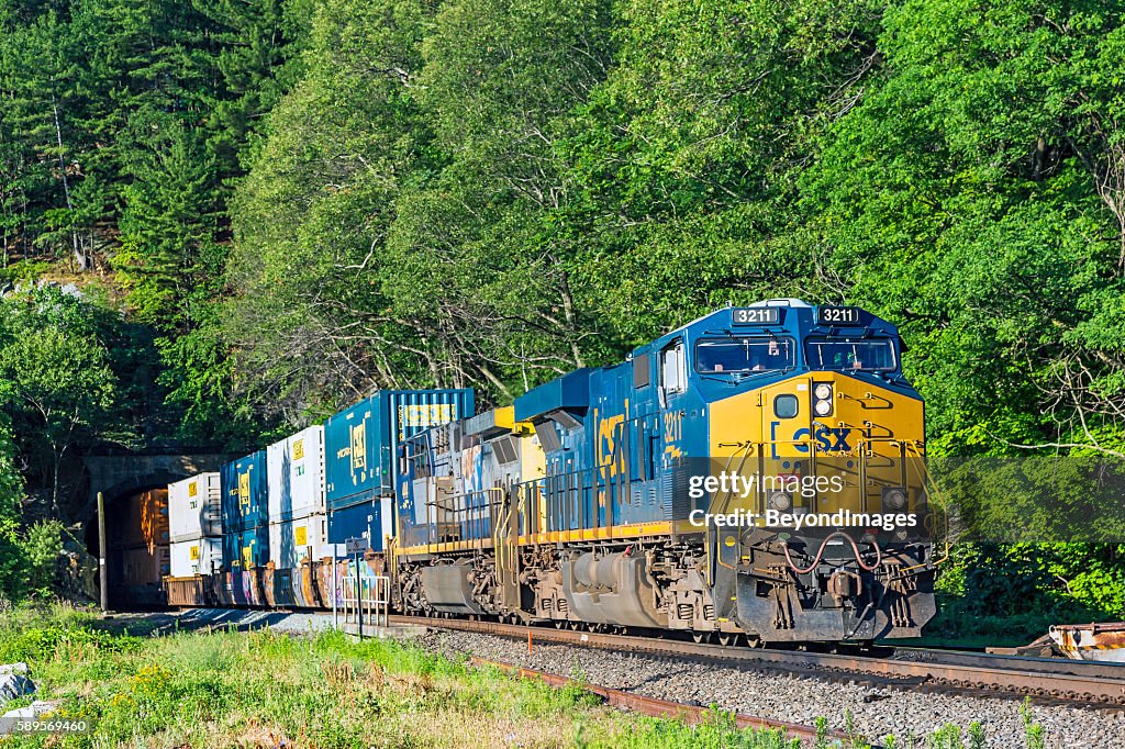CSX stack train exits tunnel on East Coast River Line
