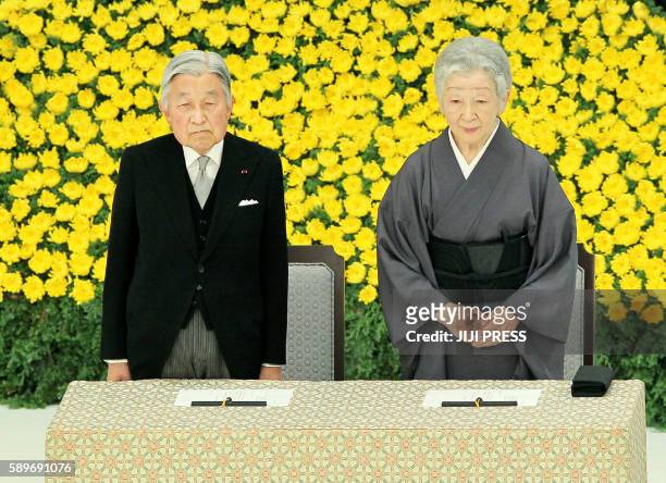 Japanese Emperor Akihito and Empress Michiko attend the annual memorial service for war victims, which is held by the government in Tokyo on August...