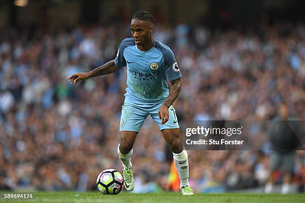 Manchester City player Raheem Sterling in action during the Premier League match between Manchester City and Sunderland at Etihad Stadium on August...