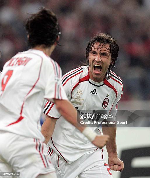 Andrea Pirlo of AC Milan celebrates his goal during the UEFA Champions League Final match between Liverpool and AC Milan at the Olympic Stadium on...