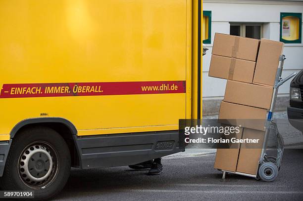 Hand truck with packages is captured on August 10, 2016 in Berlin, Germany.