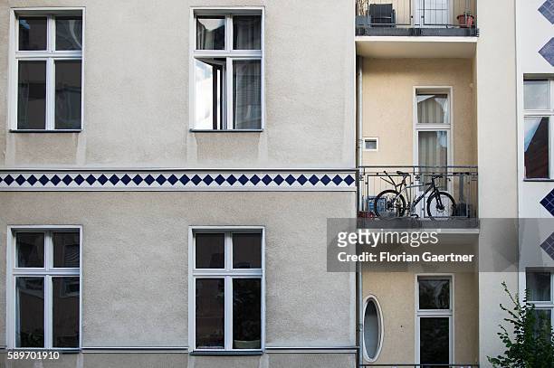 Bicycle is parked on a balcony to guard it against theft on August 10, 2016 in Berlin, Germany.