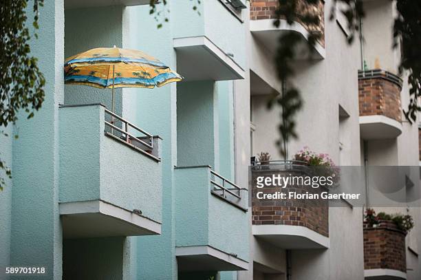 Parasol is placed on a balcony on August 10, 2016 in Berlin, Germany.