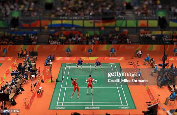 Haifeng Fu and Nan Zhang of China play a quarterfinal match against Gi Jung Kim and Sa Rang Kim of Korea on Day 10 of the 2016 Rio Olympics at...