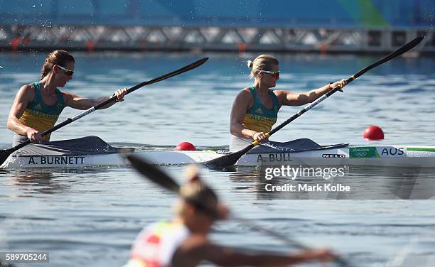 Alyce Burnett and Alyssa Bull of Australia compete in the Women's Kayak Double 500m Heat 1 on Day 10 of the Rio 2016 Olympic Games at Lagoa Stadium...