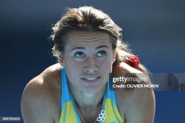 Kazakhstan's Olga Safronova looks on after competing in the Women's 200m Round 1 during the athletics event at the Rio 2016 Olympic Games at the...