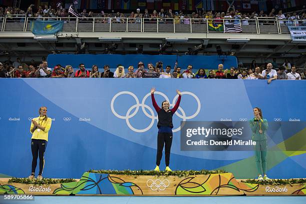 Summer Olympics: Sweden Sarah Sjostrom, USA Katie Ledecky and Australia Emma McKeon victorious on medal stand after Women's 200M Freestyle Final at...