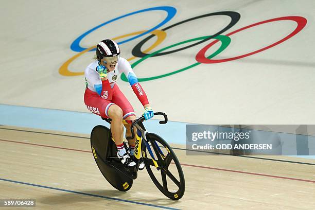 Russia's Anastasiia Voinova celebrates after competing in the Women's sprint last 8 track cycling event at the Velodrome during the Rio 2016 Olympic...