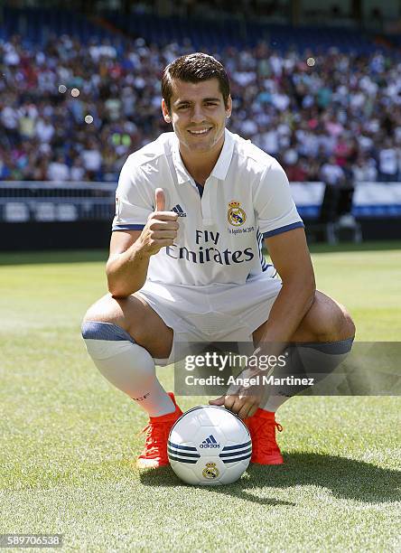 Alvaro Morata of Real Madrid poses during his official presentation at Estadio Santiago Bernabeu on August 15, 2016 in Madrid, Spain.