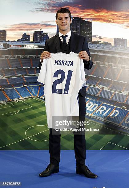 Alvaro Morata of Real Madrid poses during his official presentation at Estadio Santiago Bernabeu on August 15, 2016 in Madrid, Spain.