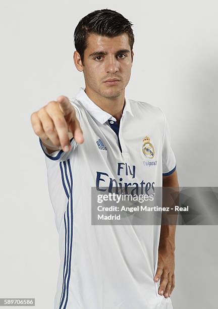 Alvaro Morata of Real Madrid poses during his official presentation at Estadio Santiago Bernabeu on August 15, 2016 in Madrid, Spain.