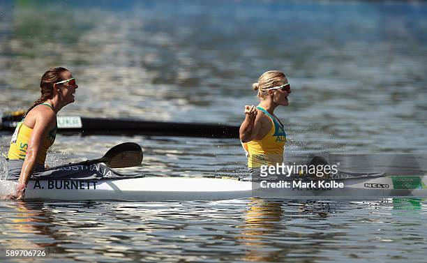 Alyce Burnett and Alyssa Bull of Australia celebrate qualifying for the Final A after competing in the Canoe Sprint Women's Kayak Double 500m...