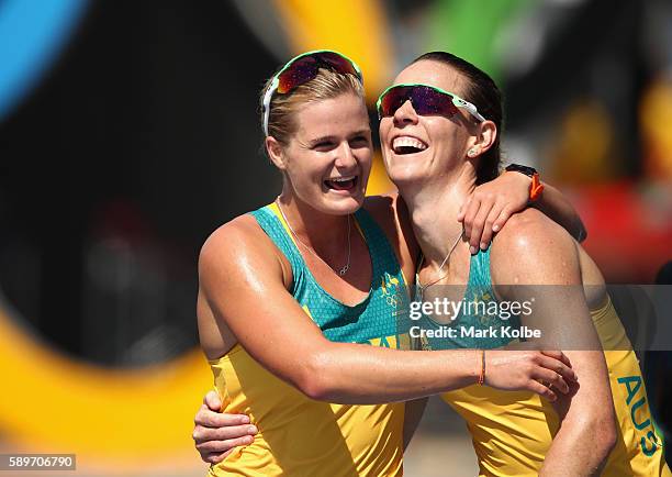 Alyce Burnett and Alyssa Bull of Australia celebrate qualifying for the Final A after competing in the Canoe Sprint Women's Kayak Double 500m...