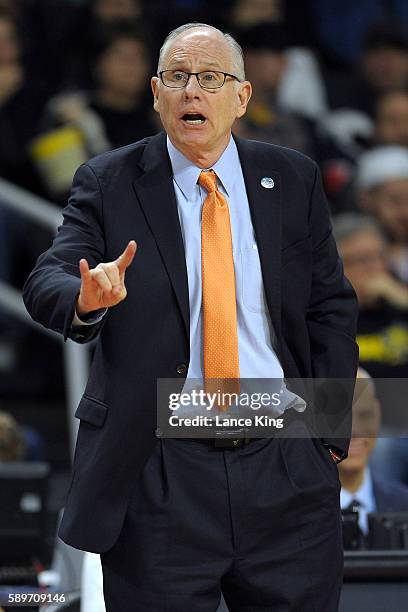 Head coach Jim Larranaga of the Miami Hurricanes directs his team against the Wichita State Shockers during the second round of the 2016 NCAA Men's...