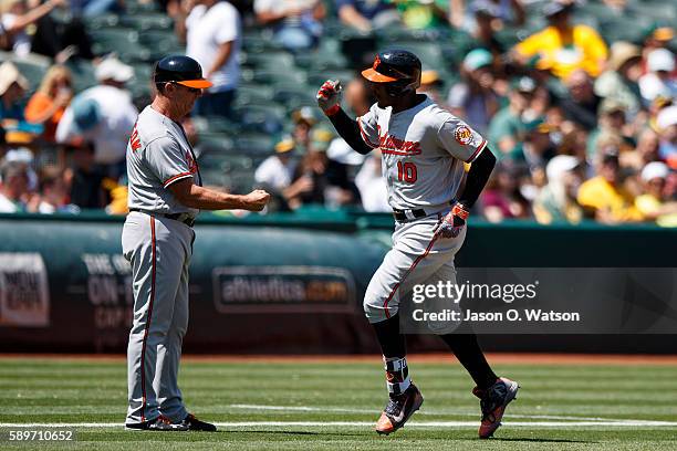 Adam Jones of the Baltimore Orioles is congratulated by third base coach Bobby Dickerson after hitting a home run against the Oakland Athletics...