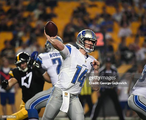 Quarterback Jake Rudock of the Detroit Lions passes during a National Football League preseason game against the Pittsburgh Steelers at Heinz Field...