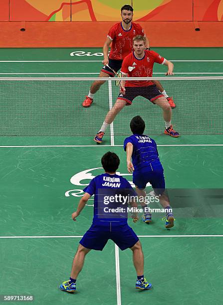 Marcus Ellis and Chris Langridge of Great Brittain play a Mens Doubles Quarterfinal a match against Hiroyuki Endo and Kenichi Hayakawa of Japan on...