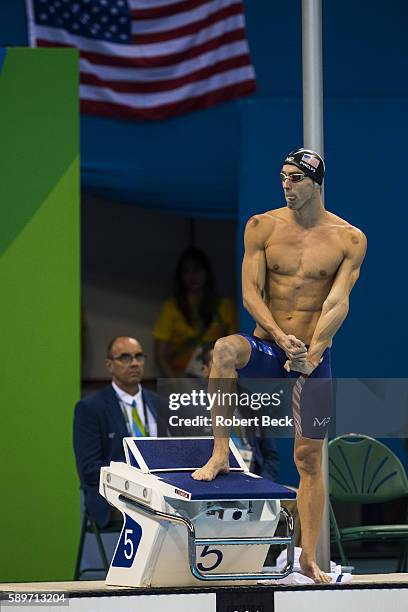 Summer Olympics: View of USA Michael Phelps on starting block before Men's 100M Butterfly Semifinal at the Olympic Aquatics Center. Rio de Janeiro,...