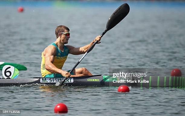 Murray Stewart of Australia competes in the Canoe Sprint Men's Kayak Single 1000m Semifinal 1 on Day 10 of the Rio 2016 Olympic Games at Lagoa...