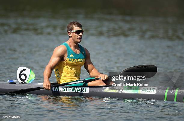 Murray Stewart of Australia reacts after winning the Canoe Sprint Men's Kayak Single 1000m Semifinal 1 on Day 10 of the Rio 2016 Olympic Games at...