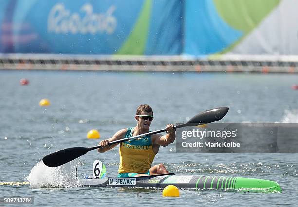 Murray Stewart of Australia competes in the Canoe Sprint Men's Kayak Single 1000m Semifinal 1 on Day 10 of the Rio 2016 Olympic Games at Lagoa...