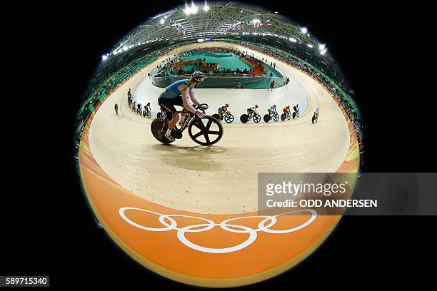 Canada's Allison Beveridge competes in the Women's Omnium Scratch race track cycling event at the Velodrome during the Rio 2016 Olympic Games in Rio...