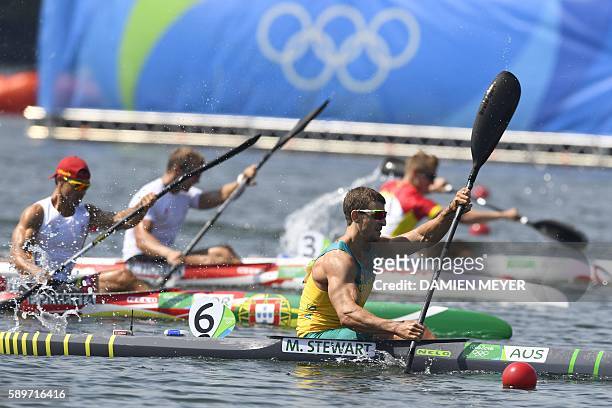 Australia's Murray Stewart competes in the Men's Kayak Single 1000m semi-final at the Lagoa Stadium during the Rio 2016 Olympic Games in Rio de...