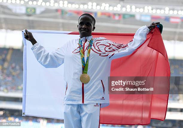 Ruth Jebet of Bahrain poses with the gold medal for the Women's 3000m Steeplechase final on Day 10 of the Rio 2016 Olympic Games at the Olympic...