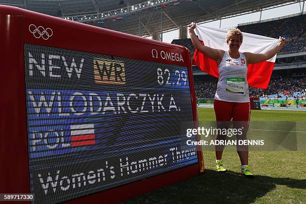 Poland's Anita Wlodarczyk celebrates after winning the gold medal and breaking a world record in the Women's Hammer Throw Final during the athletics...