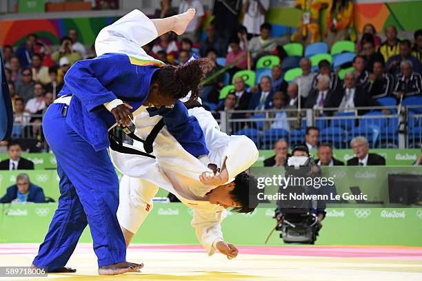 Emilie Andeol of France and Song Yu of China competes during judo semi final on Olympic Games 2016 in Rio at Carioca Arena 2 on August 12, 2016 in...