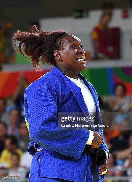 Emilie Andeol of France celebrates during judo semi final on Olympic Games 2016 in Rio at Carioca Arena 2 on August 12, 2016 in Rio de Janeiro,...