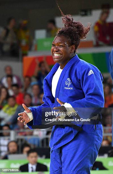 Emilie Andeol of France celebrates during judo semi final on Olympic Games 2016 in Rio at Carioca Arena 2 on August 12, 2016 in Rio de Janeiro,...