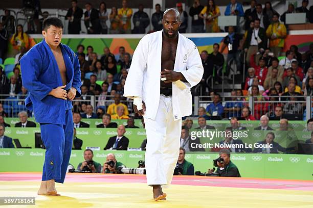 Teddy Riner of France and Hisayoshi Harasawa of Japan competes during judo final on Olympic Games 2016 in Rio at Carioca Arena 2 on August 12, 2016...