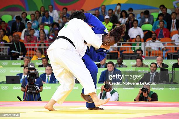 Emilie Andeol of France and Song Yu of China competes during judo semi final on Olympic Games 2016 in Rio at Carioca Arena 2 on August 12, 2016 in...