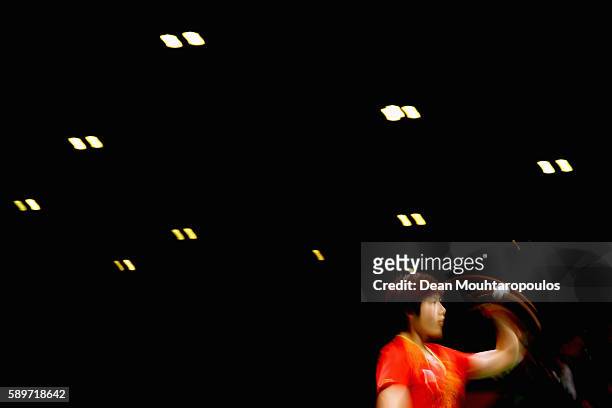 Ning Ding of China competes against Yihan Zhou of Singapore during the Table Tennis Women's Team Round Semi Final between China and Singapore during...